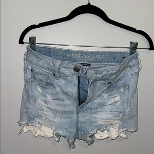 American Eagle Outfitters Light Blue Distressed Lace Pocket Detail Denim Shorts